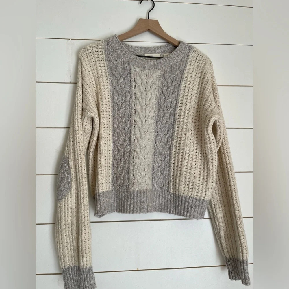Anthropologie Sleeping on Snow M Cable Knit Pullover Sweater Gray Ivory $168 - Picture 5 of 11